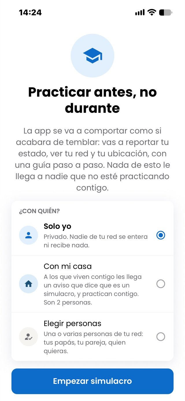 Pantalla de simulacro de Todos Bien, «Practicar antes, no durante», con las tres opciones para practicar: solo yo, con mi casa o eligiendo a quién avisar.