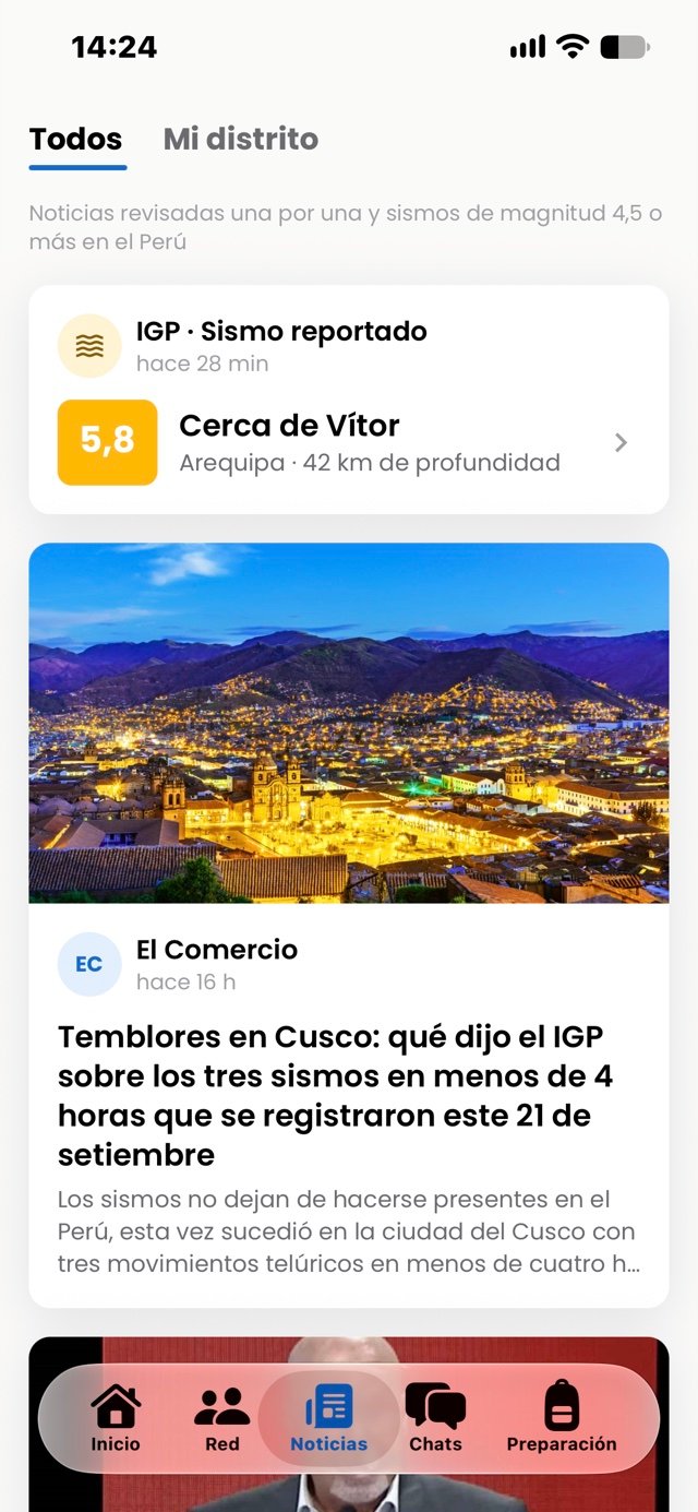Pestaña Noticias de Todos Bien, con las pestañas Todos y Mi distrito: un sismo reportado por el IGP cerca de Vítor y una nota de El Comercio sobre temblores en Cusco.
